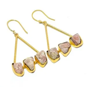 Authentic Radiant Heart Resonance: Raw Pink Tourmaline Gold-Plated Designer Earrings