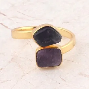 Authentic Twin‑Gem Amethyst‑Ruby Gold‑Plated Ring of Cosmic Balance