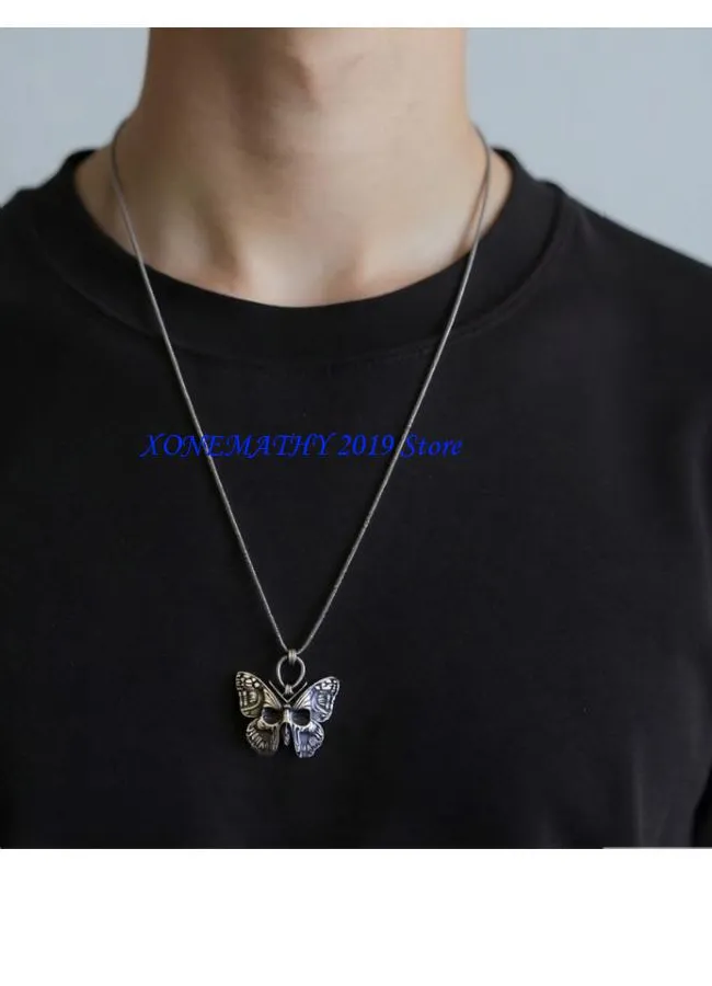 Authentic F42F Dark Aesthetic Zinc Necklace Feature Intricate Skull Butterfly Pendant For Alternative Enthusiasts