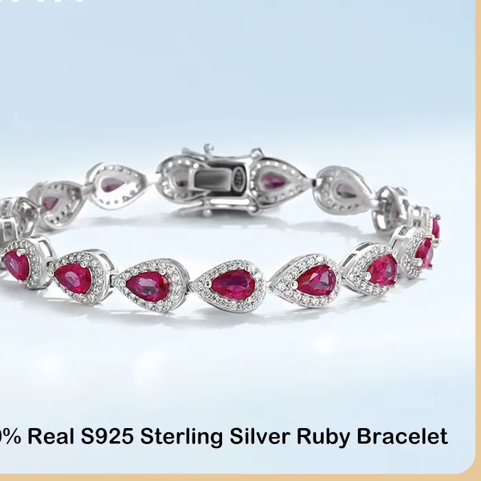 Authentic Ewya S925 Sterling Silver Full Ruby Tennis Bracelet Girls Pear Cut Gemstones Link Bracelets Fine Jewelry
