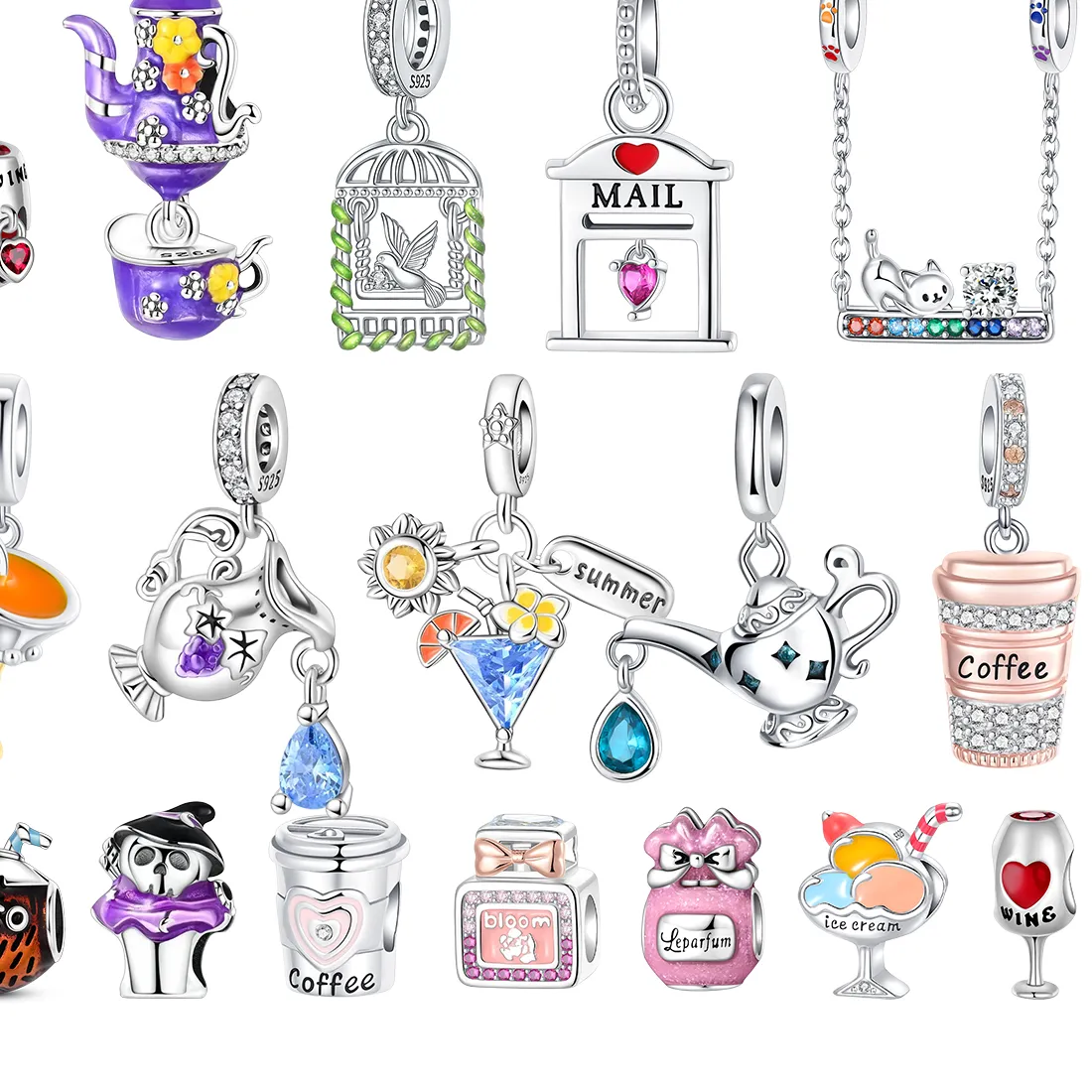 Authentic 925 Sterling Silver Pendant Wine Glass Teapot Birdcage Juice Coffee Perfume Drink Cup Charm Jewelry DIY Bracelet Decor