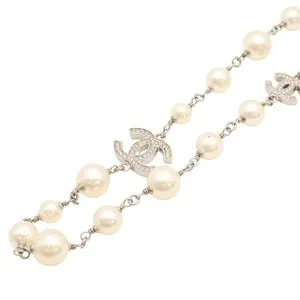 Authentic CHANEL CC Logo Crystal Pearl Necklace Gold Plated