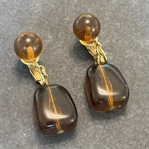 Authentic Crown Trifari vintage Clip Earrings Amber Resin Dangle Statement Gold plated G