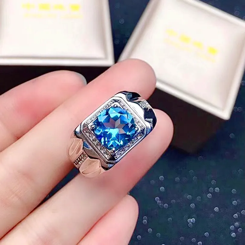 Authentic Gemstone Ring for Man 8mm 2ct VVS Grade Natural Topaz Man Ring 925 Silver Man Topaz Jewelry