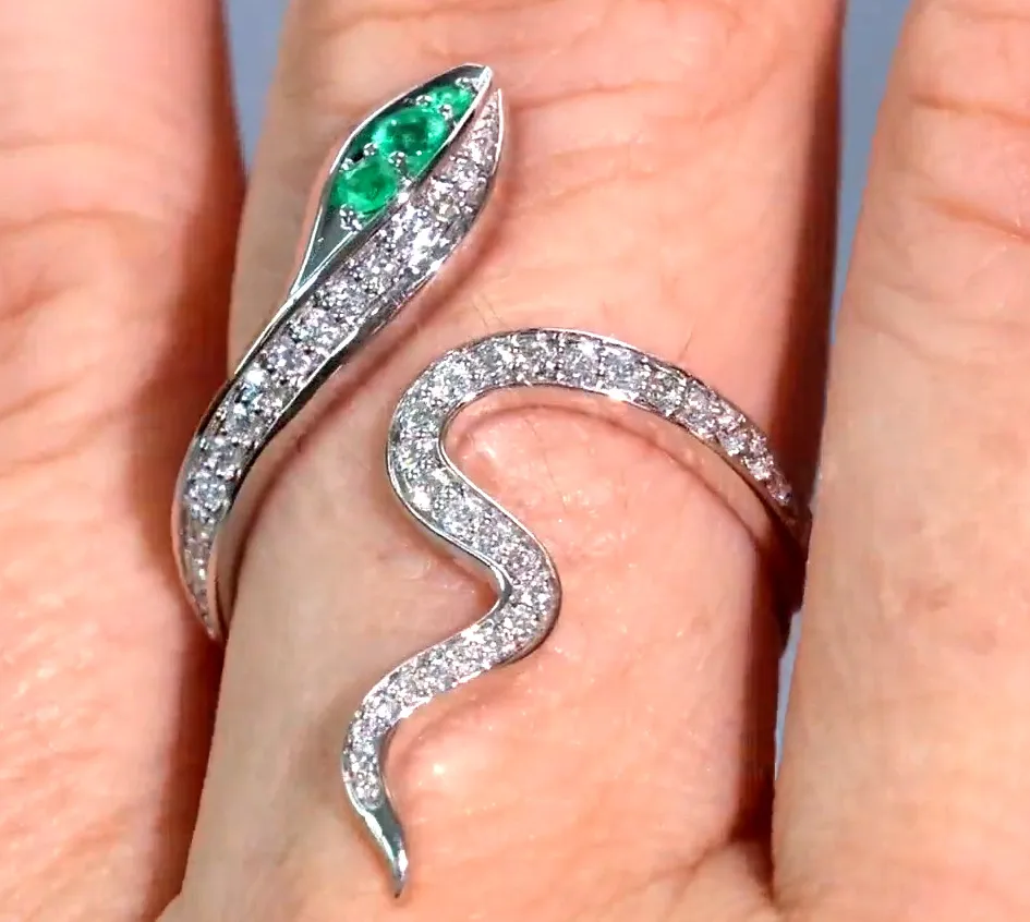 Authentic Bypass Serpent Ring Round Cut Lab-Created Diamond Emerald 14K White Gold Plated