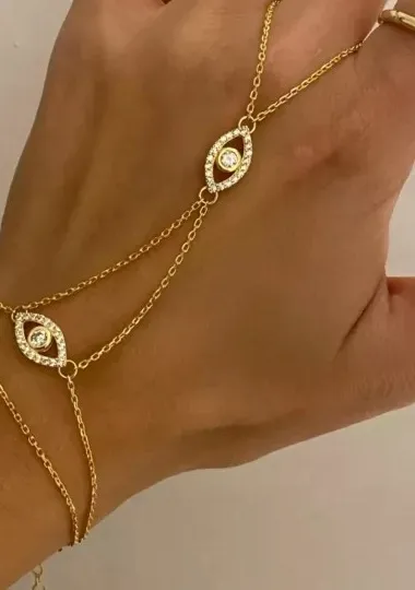 Authentic Evil Eye Hand Chain Bracelet In 1.20Ct Simulated Diamond 14k Yellow Gold Plated