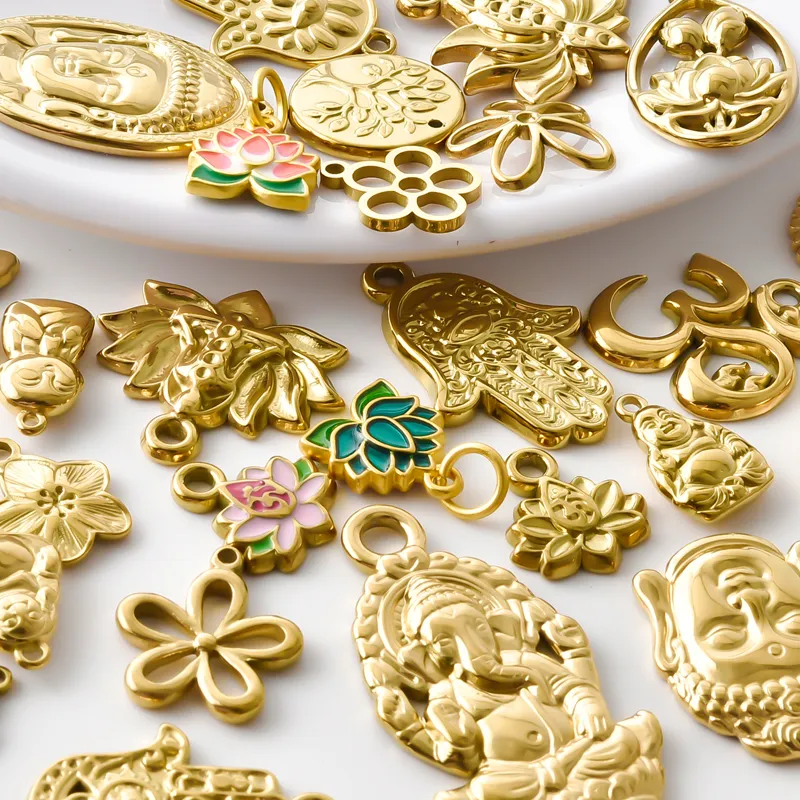 Authentic 5‑Piece Golden Sacred Geometry Pendant Set – Buddha, Om, Hand of Fatima, Tree & Lotus