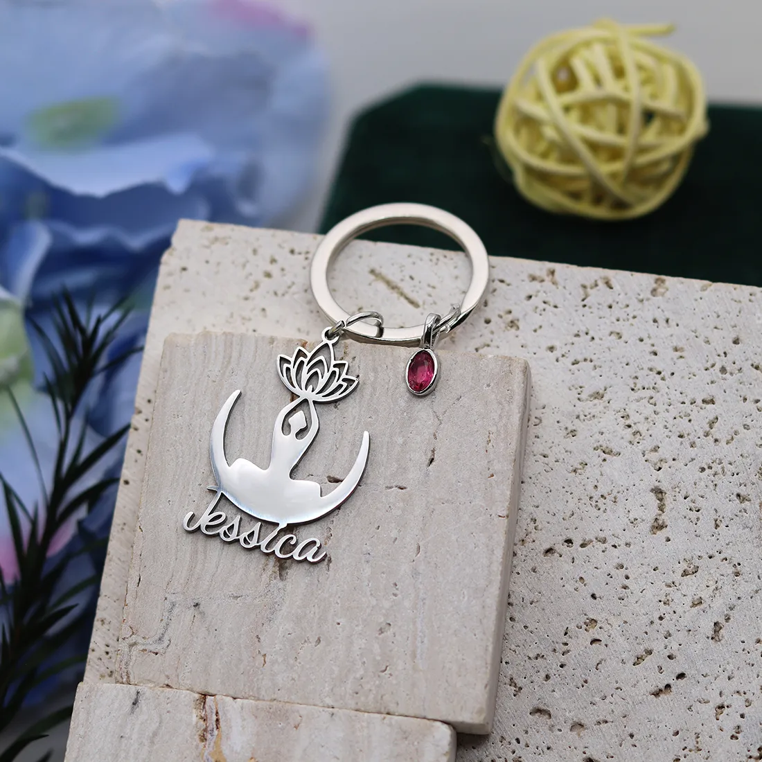 Authentic Lotus Flower Custom Name Keychain Buddhism Om Yoga Pendant Keyring Personalized Jewelry Keepsake