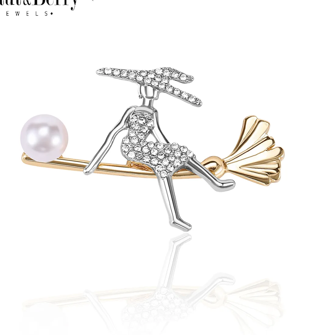 Authentic The Nocturnal Flight: Rhinestone Witch on Broom Brooch