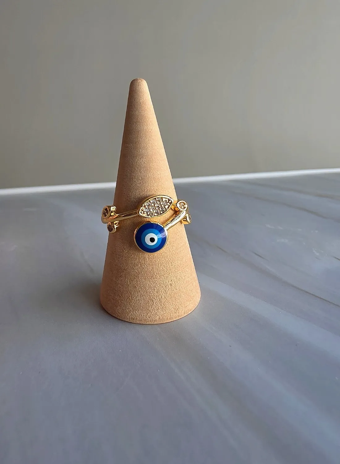 Authentic 14K Gold Plated Evil Eye Ring Adjustable CZ Blue Eye Statement Jewelry