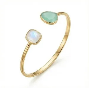 Authentic Celestial Harmony: Rainbow Moonstone & Green Chalcedony Split Cuff – 14K Gold‑Plated Silver Enchantment