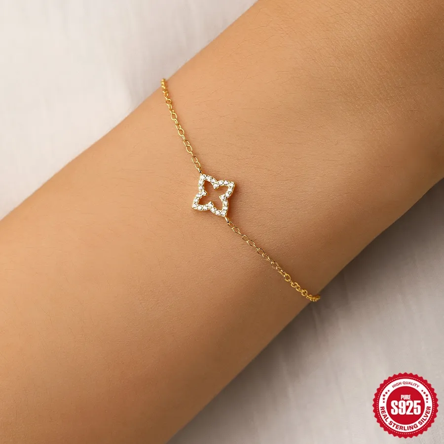 Authentic Aide 925 Sterling Silver Four Leaf Clover Star Adjustable Bracelet Girls Hollow Jewelry Accessories