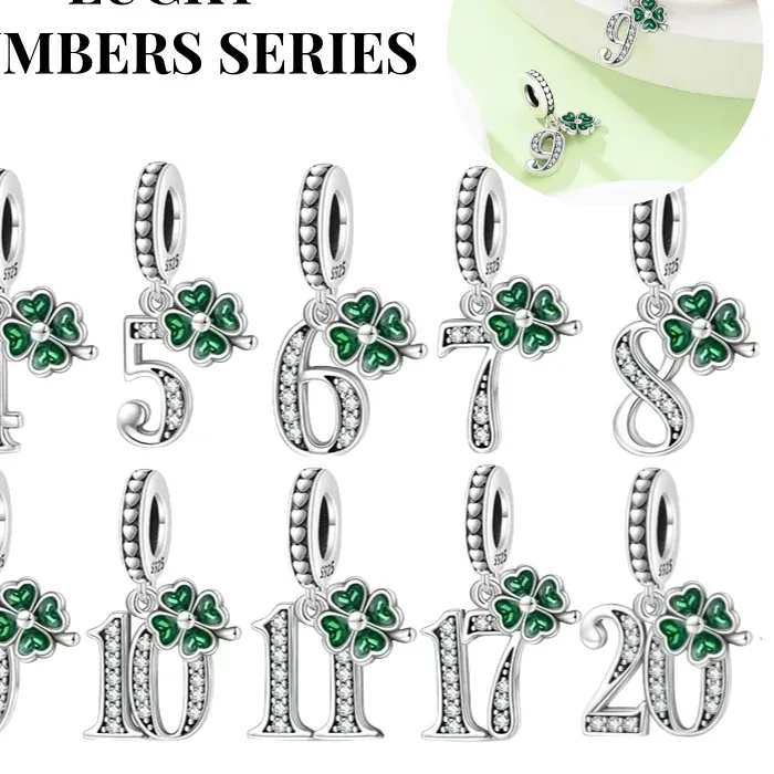 Authentic Green Four- Leaf Clover Number Dangle Fits Original 925 Sterling Silver Bracelet Birthday & Anniversary Jewelry For