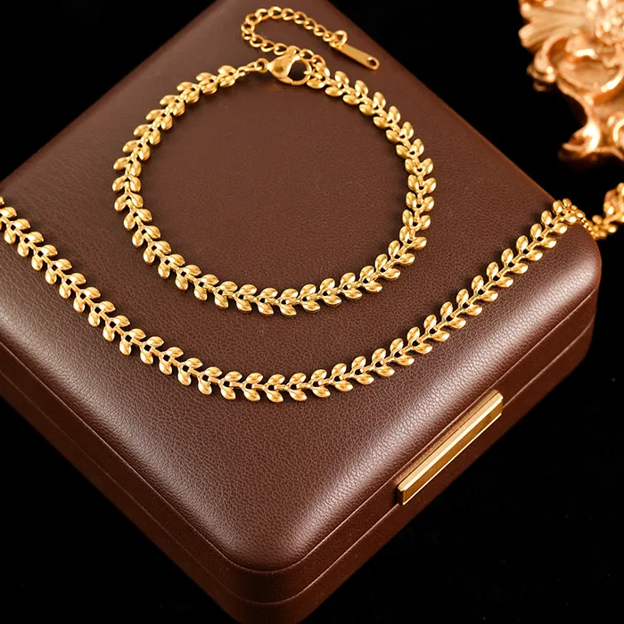 Authentic Ganemly 316L Head Of Wheat Chain Necklace Bracelet Gold Color Jewelry Lady