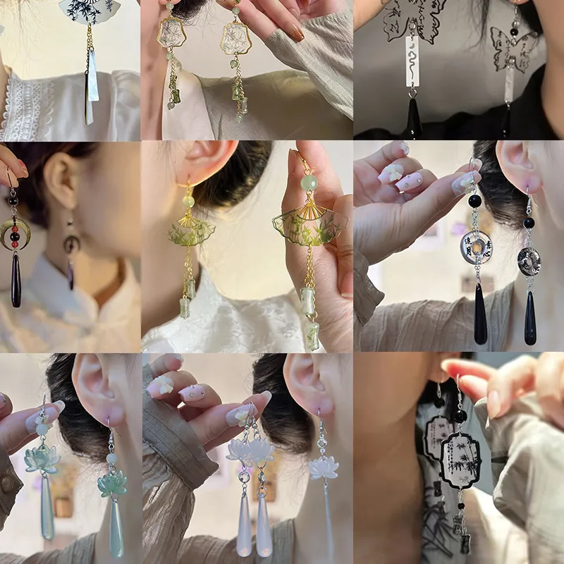 Kiss Jewelry Chinese Traditional Style Fan Lotus Screen Long Dangle Earrings Elegant Calligraphy Earring