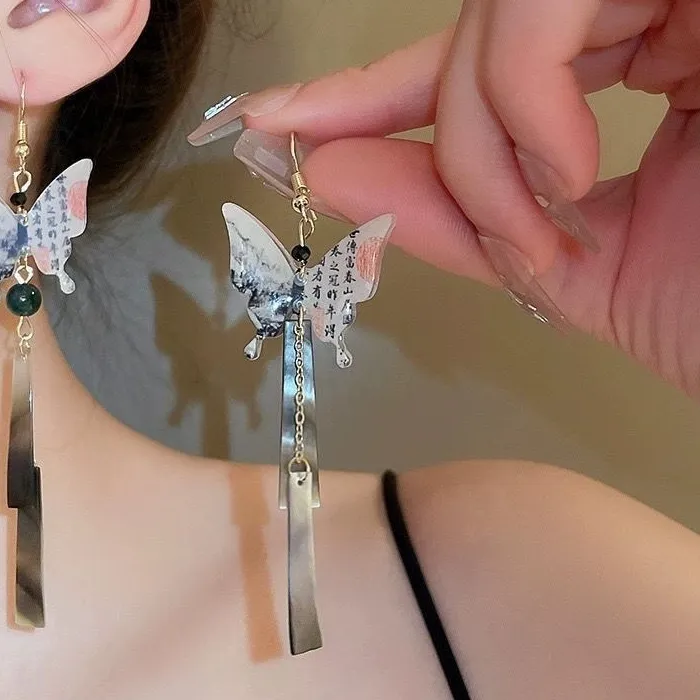 Authentic Whispers of the Golden Chrysalis: Calligraphy Butterfly Tassel Earrings