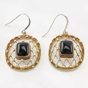 Authentic Abyssal Tide Gold-Plated Fish Hook Earrings in Black Onyx and Sterling Silver