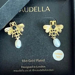 Authentic The Golden Hive Freshwater Pearl Bee Pierced Earrings