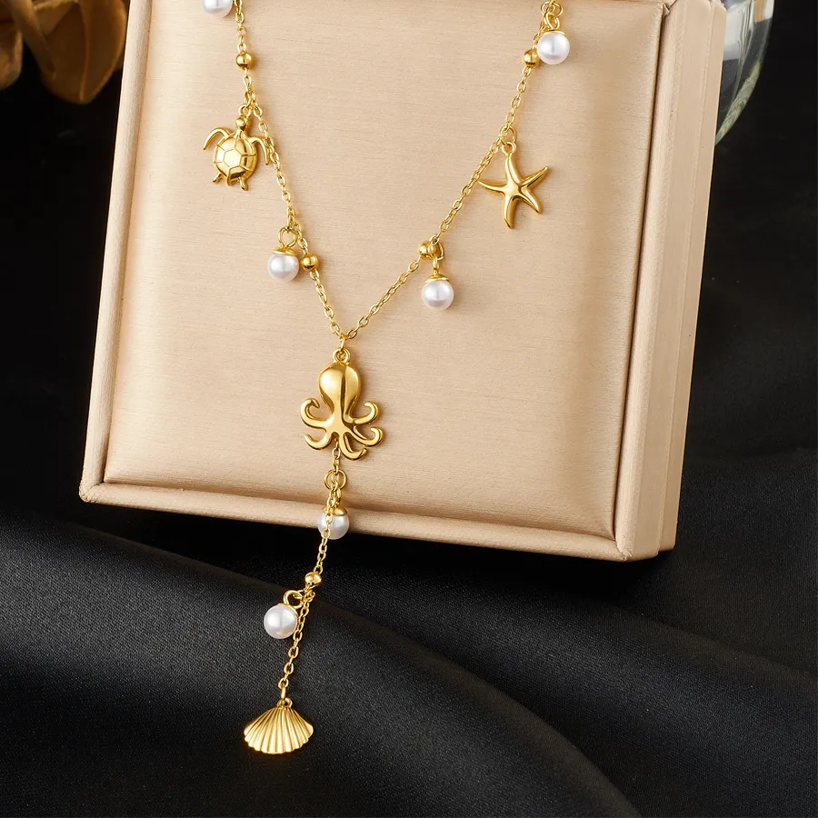 Authentic Meyrroyu 316L Golden Octopus Turtle Starfish Pearl Tassel Pendant Necklace Lady Waterproof Neck Chain Jewelry