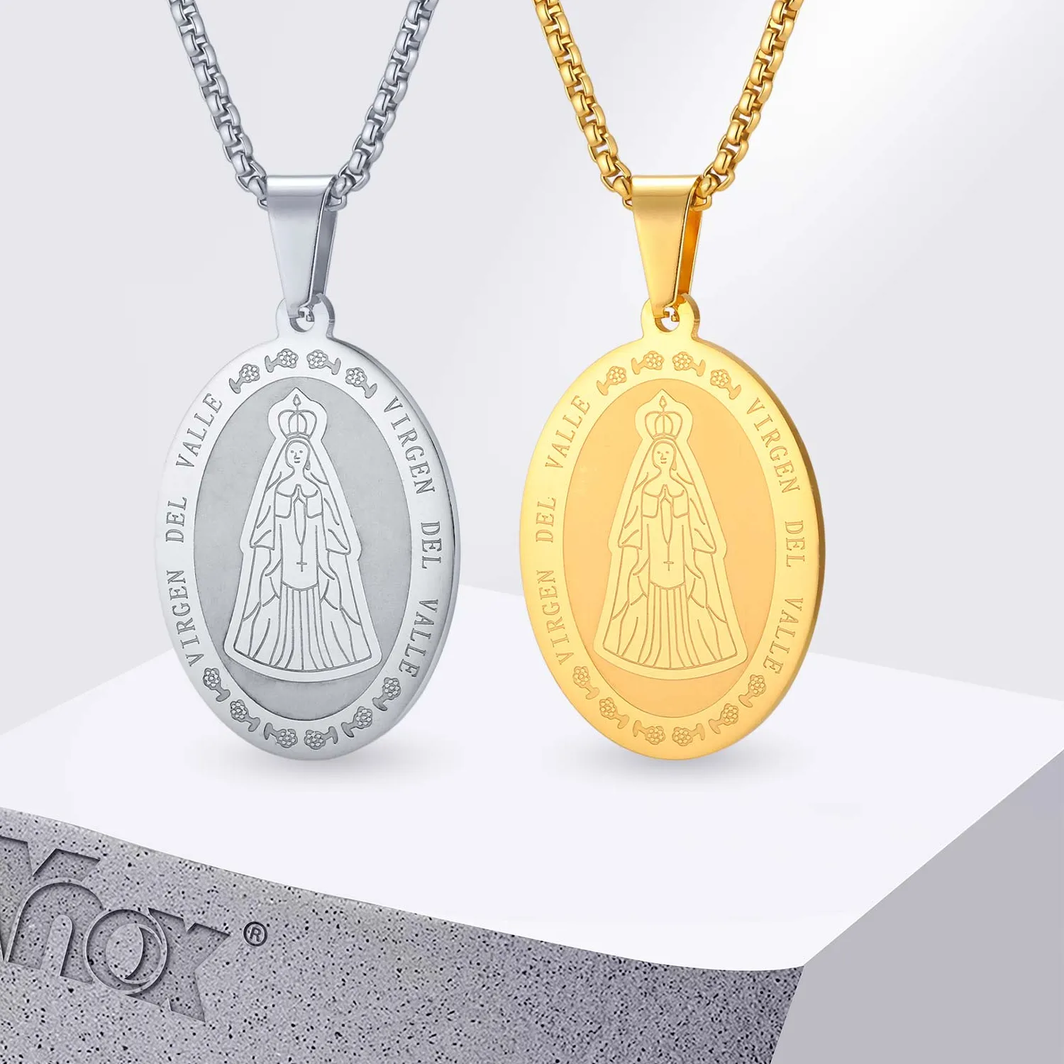 Authentic Vnox Virgen Del Valle Necklace Oval Medal Pendant Box Chain Catholic Religious Jewelry