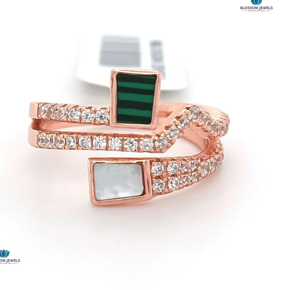 Authentic Ethereal Harmony: Rose Gold-Plated Diamond, Malachite, and Mother of Pearl Ring