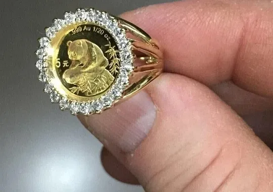 Authentic 2Ct Round Cut Moissanite Panda Coin Fancy Wedding Ring In 14k Yellow Gold Plated