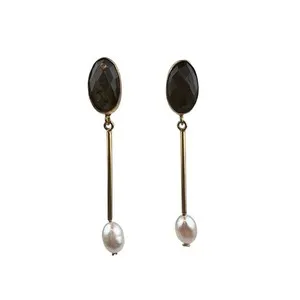 Authentic Isim Ogygia Pierced Earrings Real Pearl Labradorite Gold Plated Bar