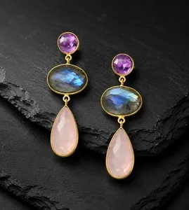 Authentic Attune to Celestial Harmony - 18K Gold-Plated Sterling Silver Amethyst, Labradorite & Rose Quartz Drop Earrings