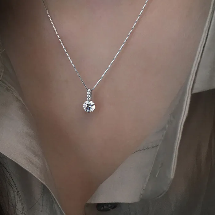 Authentic 925 Sterling Silver Geometric Drop Necklace Clavicle Chain Jewelry Shine Zircon Pendant