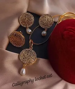 Authentic Sacred Harmony - Golden Calligraphy Pendant Earring Set
