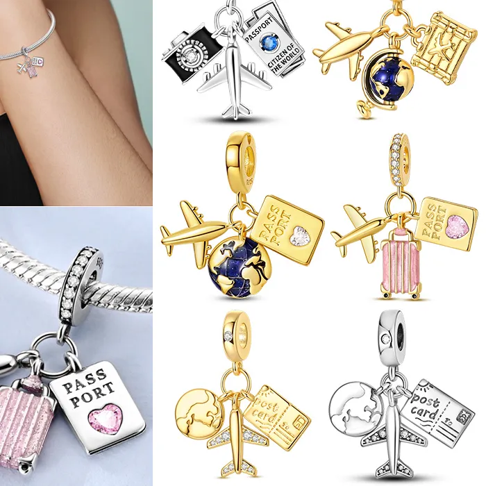 Authentic Hot Charms Beads Original 925 Sterling Silver Airplane Passport Travel Pendant Fit Bracelet Bangle DIY Women Jewelry