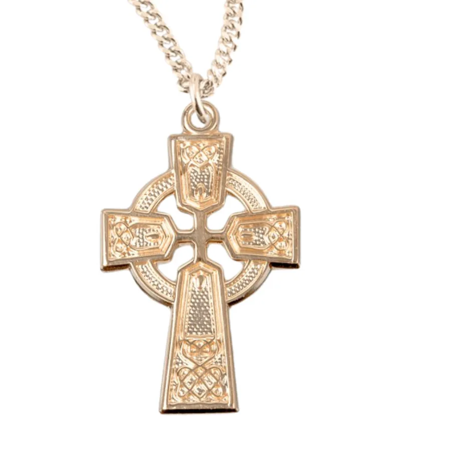 Authentic Gold Plated Sterling Silver Irish Celtic Cross Medal Pendant Necklace, 18" Chain