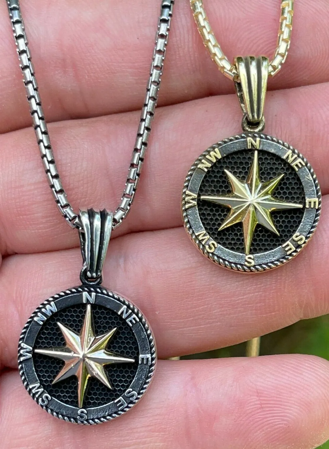 Authentic Real Solid 925 Silver 14k Gold Plated Navigation Star Compass Pendant Necklace