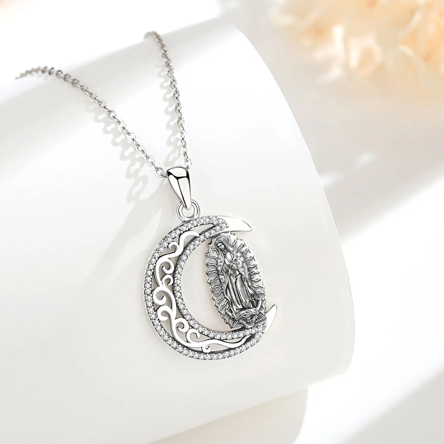 Authentic Eudora 925 Sterling Silver Virgin Mary Necklace Virgen de Guadalupe Moon Pendant Religious Jewelry Catholic for Men Women
