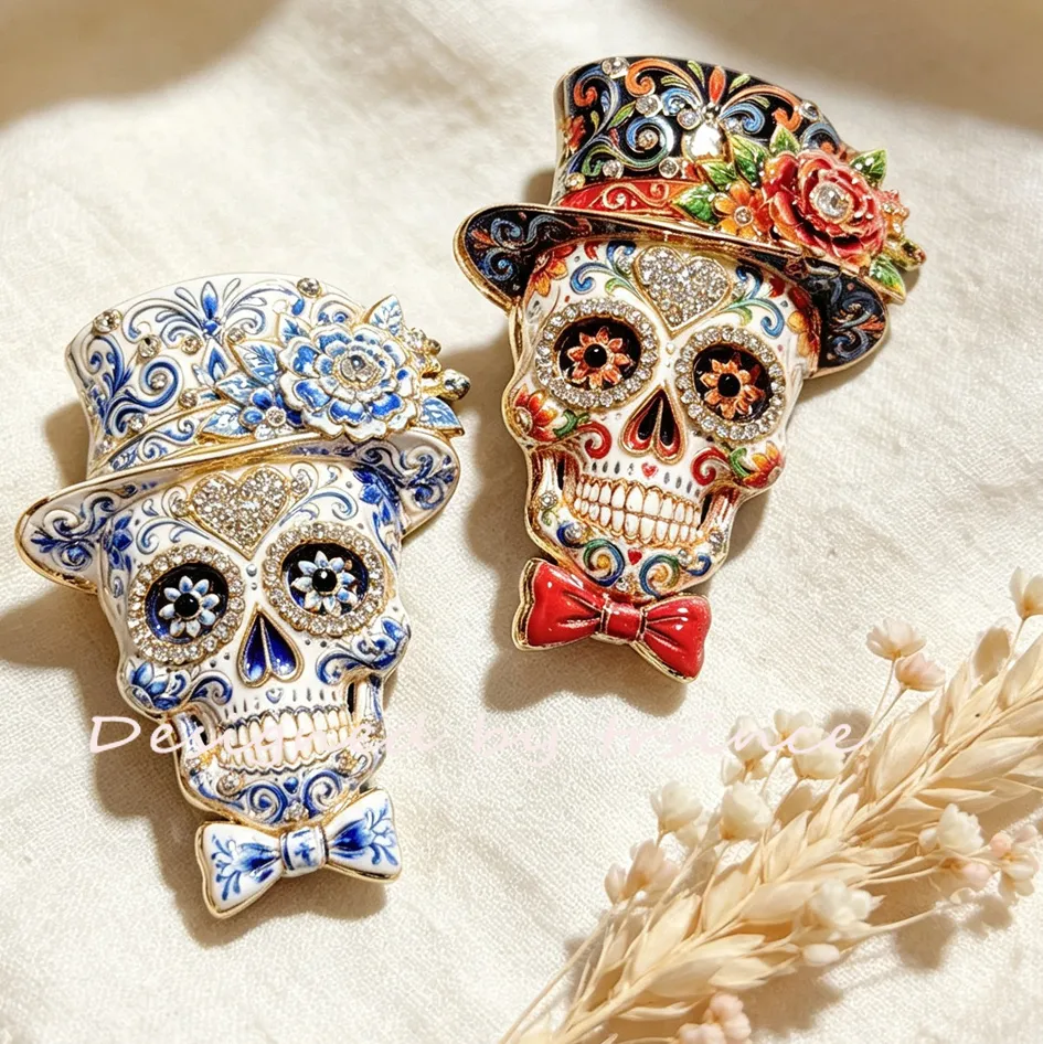 Halloween Mexican Day Of The Dead Sugar Skull Brooch Top Hat Bowtie Skull Lapel Pin Dia De Los Muertos Costume Accessory Jewelry
