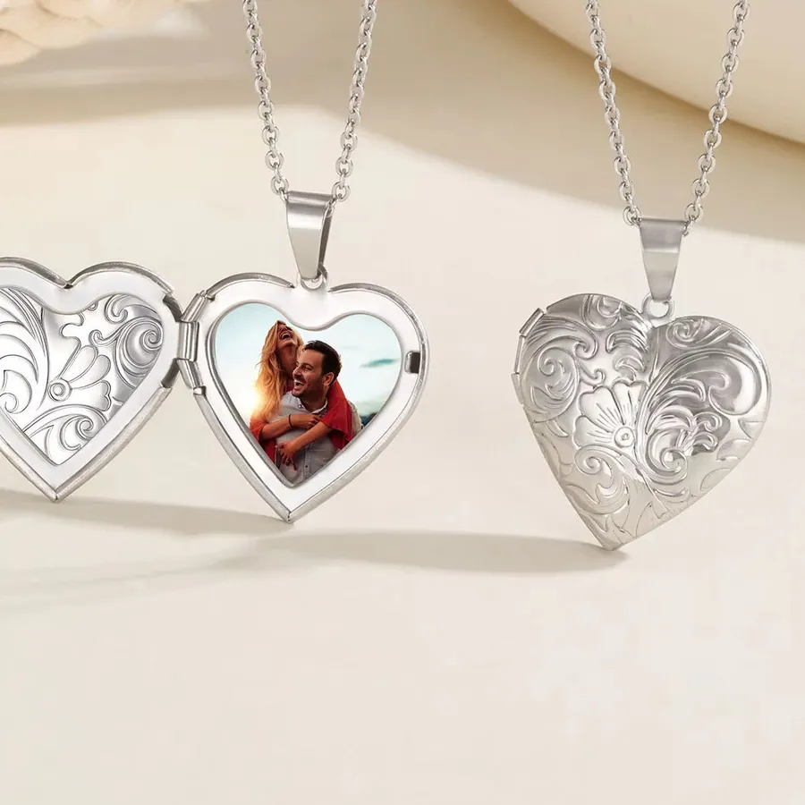 Authentic Vnox Dainty Heart Photos Pendant Necklaces, Gold Silver Color Custom Picture Words Locket,Women Jewelry Gifts