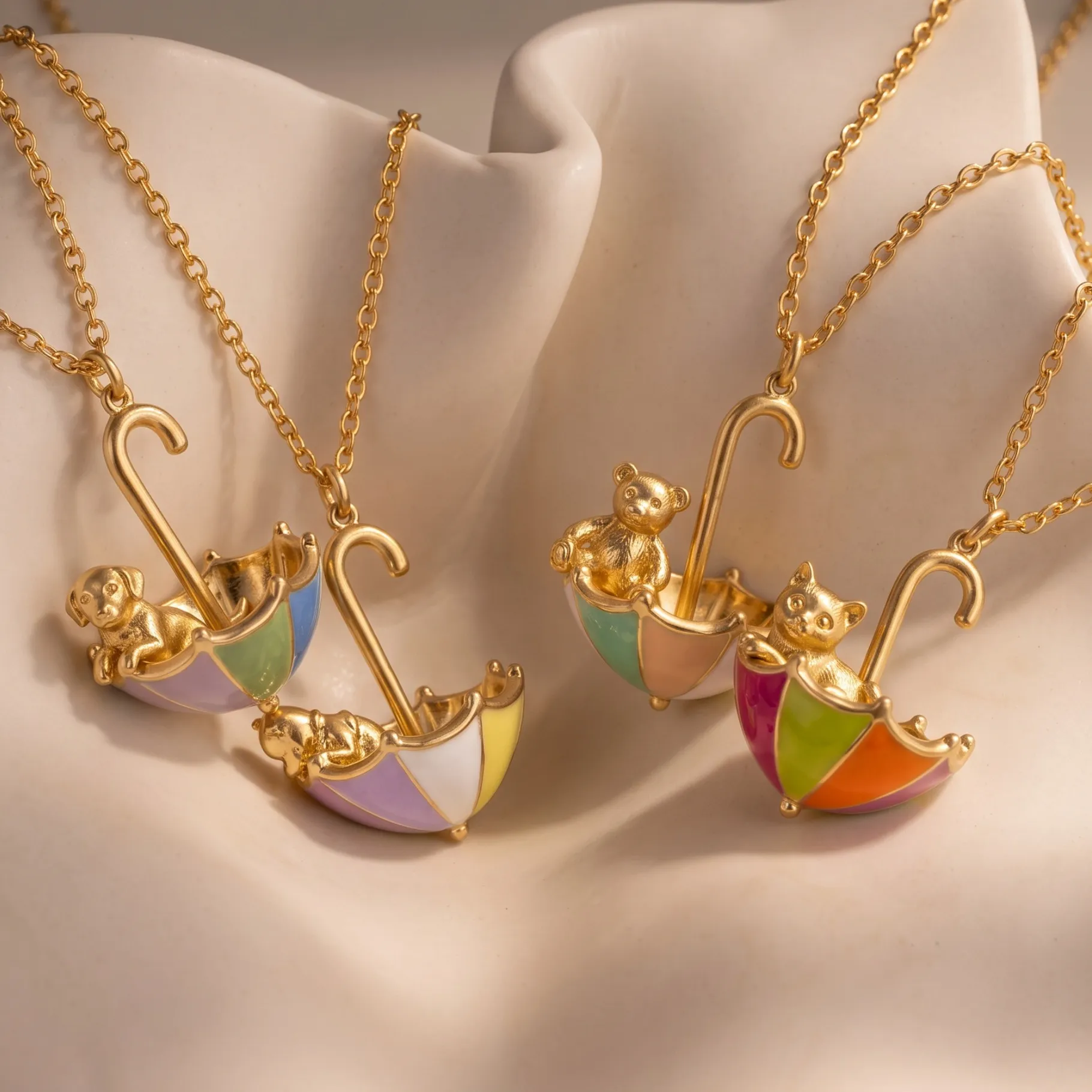 Authentic Rainbow Umbrella Animal Pendant 18K Gold Plated Necklace