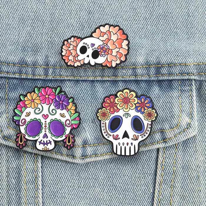 Day Of The Dead Sugar Skull Enamel Pins Floral Calavera Mexican Dia De Los Muertos Brooches Badges Halloween Jewelry 