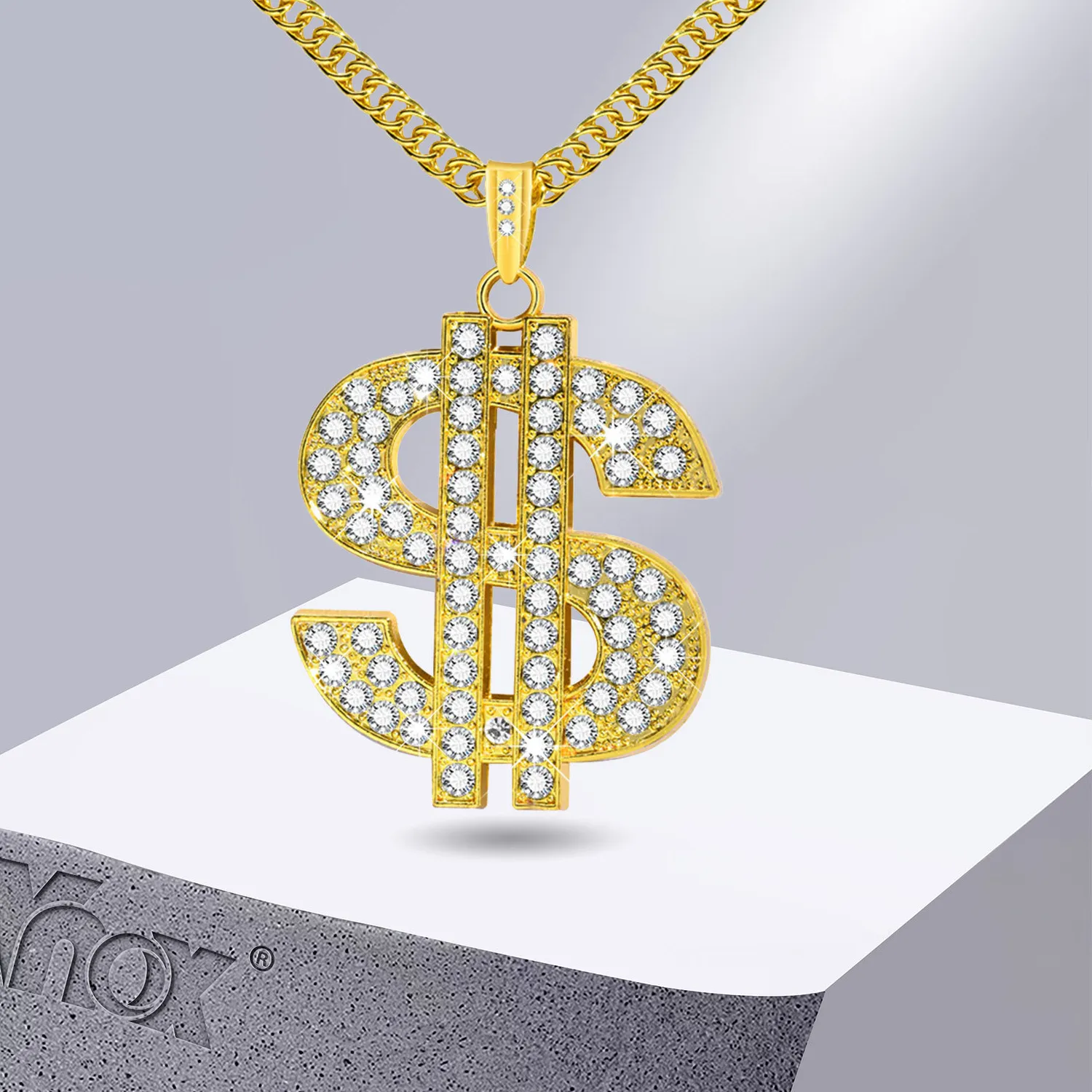 Authentic Vnox Gold Color Dollar Sign Necklaces With Cuban Chain, Hip Hop Money Dollar Pendant Collar Jewelry