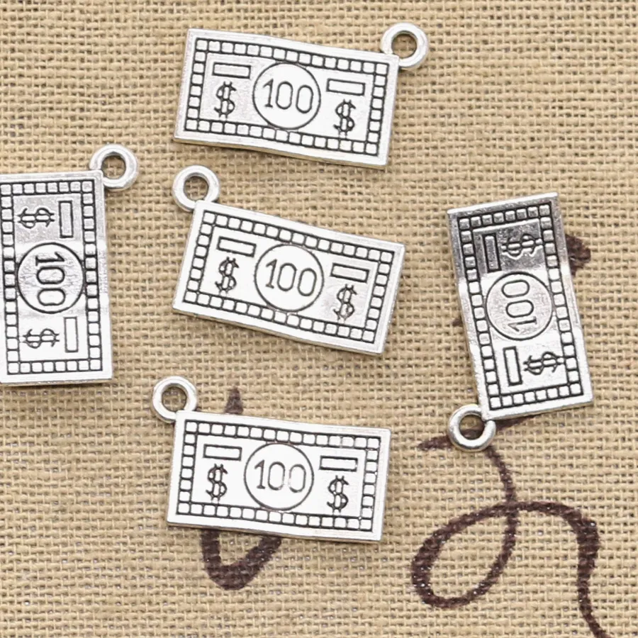 Authentic 25Pcs Charms 100 Dollars Money 10X19Mm Antique Silver Color Plated Pendants Making Diy Handmade Tibetan Silver Color Jewelry