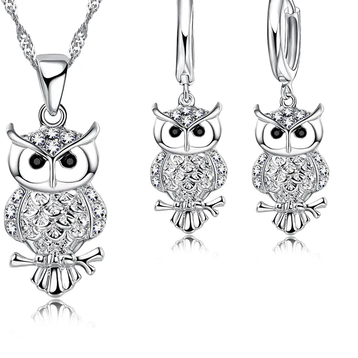 Authentic Shining Full African Aaa Crystal Owl Pendant Necklace Earrings Sets 925 Sterling Silver Color Accessory