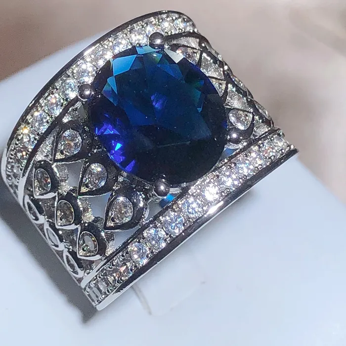 Authentic Hollow Blue Zircon Ring Water Drop Net Shape Micro- Inlaid Simulation Jewelry Full Drill Ring