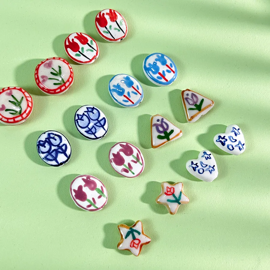 Authentic 2Pc Hand-Painted Porcelain Blooms - Pink Blue Willow Tulip & Plum Beads for Jewelry Accessor