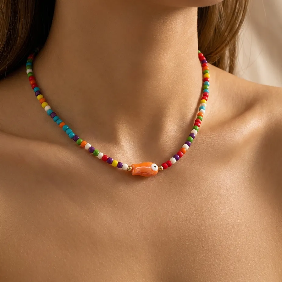 Authentic Bohemian Rice Beads Ceramic Fish Necklace for Women Handmade Colorful Beaded Choker Summer Beach Vacation Party Jewelry
