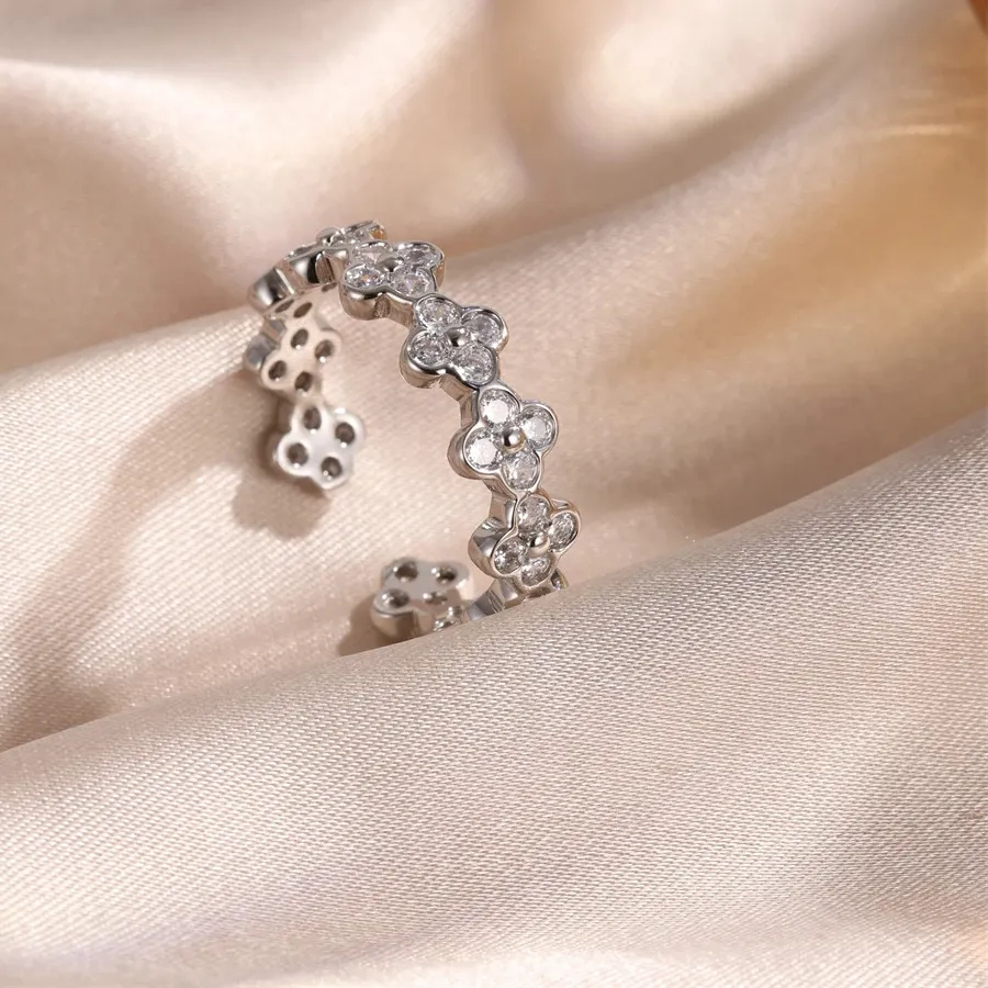 Authentic Gold Plated Flower Ring Simulated Zirconia Prong Open Band Women Daily Wear