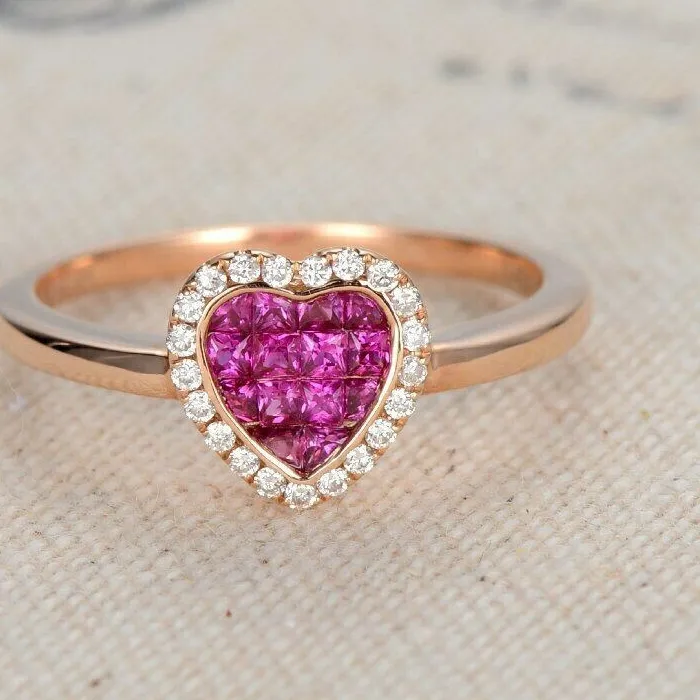 Authentic Heart Of The Rose A Pink Ruby Princess- Cut Ring Band In Golden Embrace