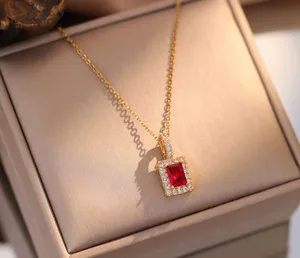Authentic Crimson Heart of Radiance: 18K Gold-Plated Ruby-Hued Pendant