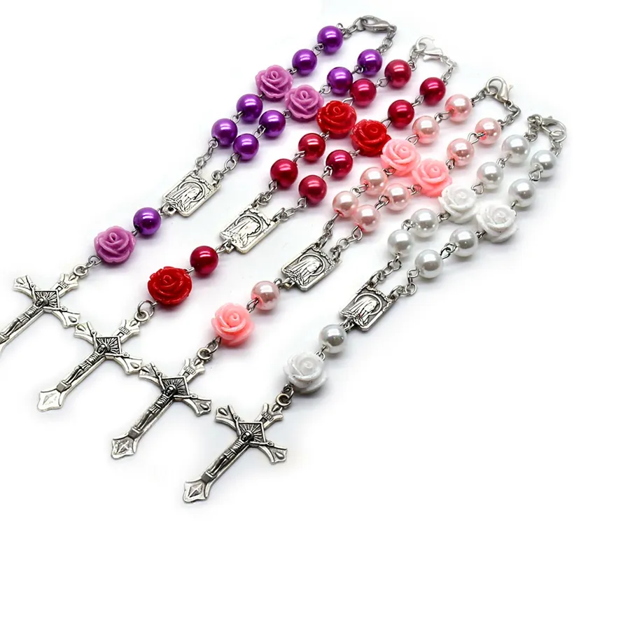 Authentic QIGO Glass Pearl Rosary Bracelets Resin Rose Flower Cross Religous Jewelry
