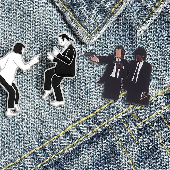 Authentic Drama Film Twist Dance Enamel Pin Movie Killer Vincent Vega & Jules Winnfield Holding Gun Brooch Lapel Badge Funny Jewelry Gifts