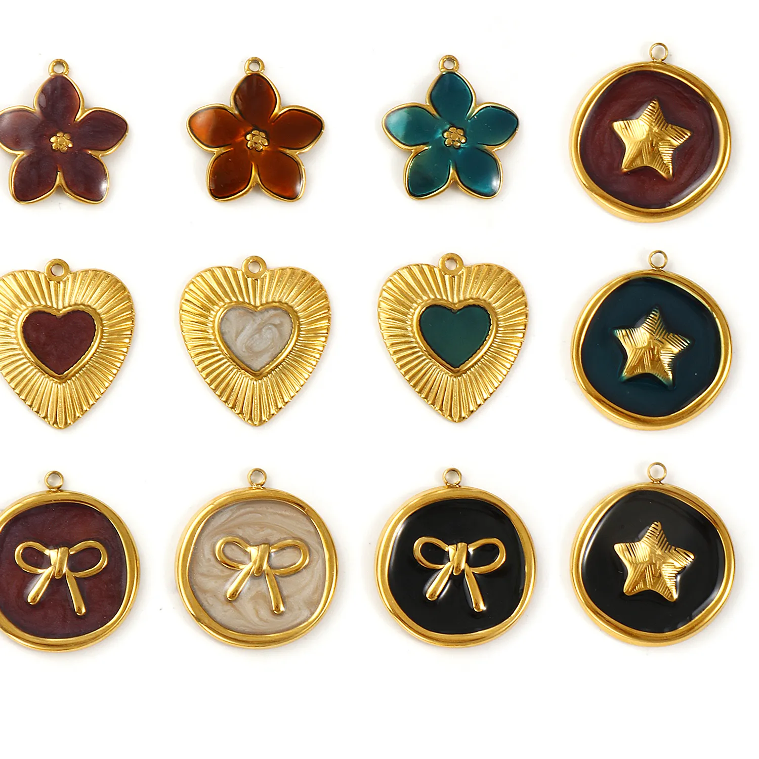 Authentic Twin Sacred Protection Charms – 18K Gold‑Plated Flower‑Heart & Pentagram Pendants for Divine DIY Amulets